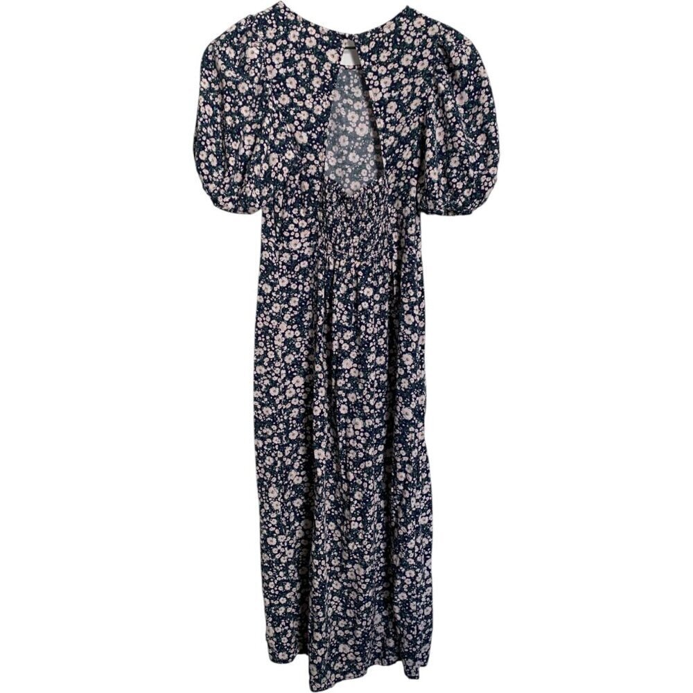 Old Navy Womens Puff Sleeve Midi Dress Size Navy Floral Side Slit Smocked S - Picture 3 of 8